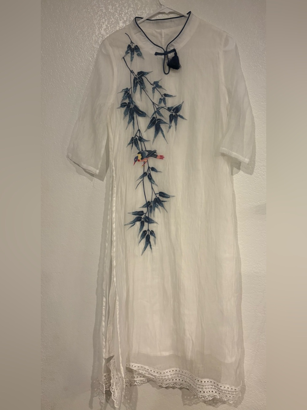 White Embroidered Maxi Dress with Blue Botanical & Bird Motif